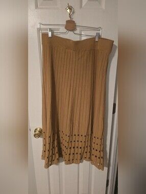 DKNY Ribbed Eyelet Hem Midi Skirt in Camel Brown